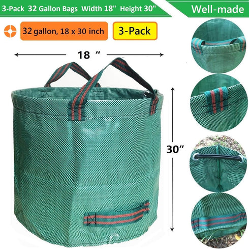 3-Pack 32 (D18,H30 inch) Trimmings 4 Standard Gallon Lawn Garden Bags Yard Waste Bags with Gardening Gloves - Reusable