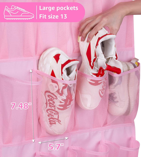 MISSLO Kids Over the Door Shoe Organizer, Pink Hanging Rack with 28 Pockets for Baby Toddler Room Decor