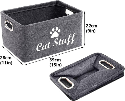 Felt Cat Toy Basket,Foldable Pet Toy Storage Bins with Handles, Pet Stuff Organizer for Indoor Cat,Kitten Toy Storage