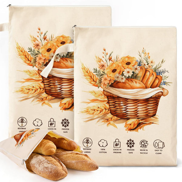 Wantocore Reusable Bread Bags for Homemade Bread 2 Pack, L-shaped Zipper Beeswax Bread