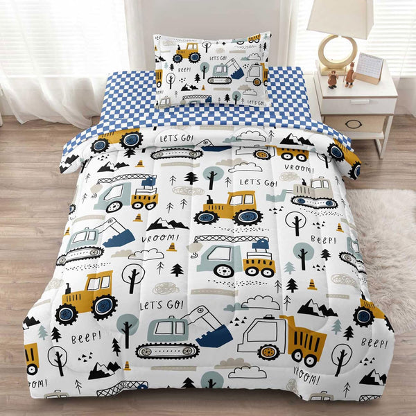 Leaflin 4-Pcs Construction Twin Size Boys Bedding Set, Kids Comforter Set for Teens