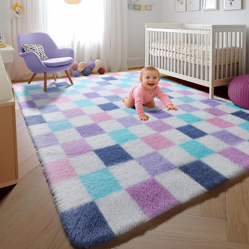 KICMOR 5x7 Purple Rainbow Checkered Area Rugs for Living Room, Colorful Fluffy Soft Fuzzy Shag Shaggy Bedroom Carpet