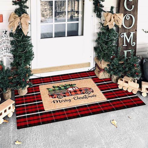 Christmas Outdoor Rug Doormat 2' x 4.3', Black/Red Buffalo Plaid Outdoor Rug Christmas Decor, Cotton Hand-Woven Welcome Layered Door Mats for Front Porch, Entryway, Kitchen, Farmhouse by Polibobao