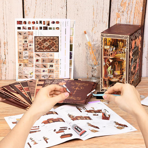 3D MiniCity Book Nook Kit, DIY Miniature Dollhouse Booknook Kit, Wooden Puzzle Bookend Bookshelf Insert Decor with LED