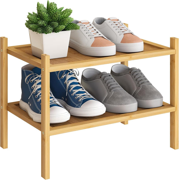 BMOSU 2-Tier Bamboo Small Shoe Rack Premium Stackable Shoe Shelf Storage Organizer