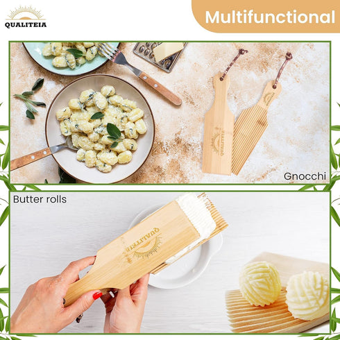 QUALITEIA Set 2x 2x 1x Set 4) Gnocchi Board for Rolling Dough - Paddles, Rollers & Cutter, Bamboo Pasta Shaper Tools