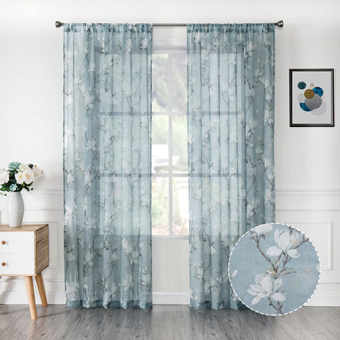 Tollpiz Blue Floral Sheer Curtains, Flower Print Vine Embroidery, 54 x 63 inches, Set of 2 Panels for Bedroom & Living
