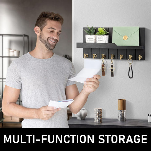 Rebee Vision Decorative Key and Mail Holder for Wall - Farmhouse 15 Inches Floating Shelf with 7 Key Hooks