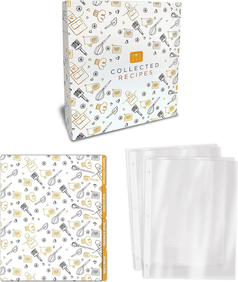 Better Kitchen Products Recipe Binder, Full Page 3 Ring Standard Binder Organizer Set (with 50 Page Protectors & 12 Category Divider Tabs) by Better Kitchen Products, 11.5" x 12" Black & Gold Montage by Better Kitchen Products