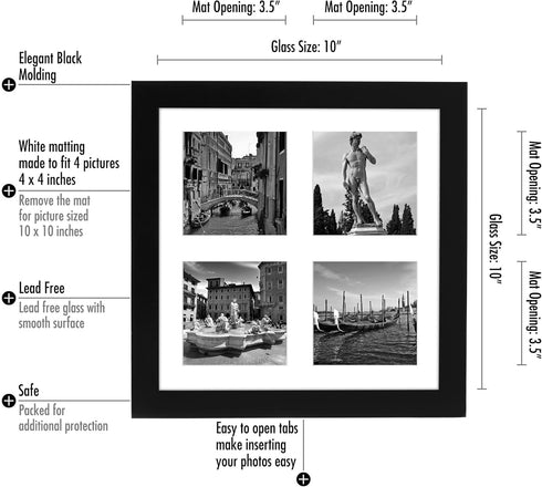 Americanflat 4x4 Picture Frame Collage - Shatter-Resistant Glass, Fits Four 4x4 Photos or One 10x10 Picture Frame -