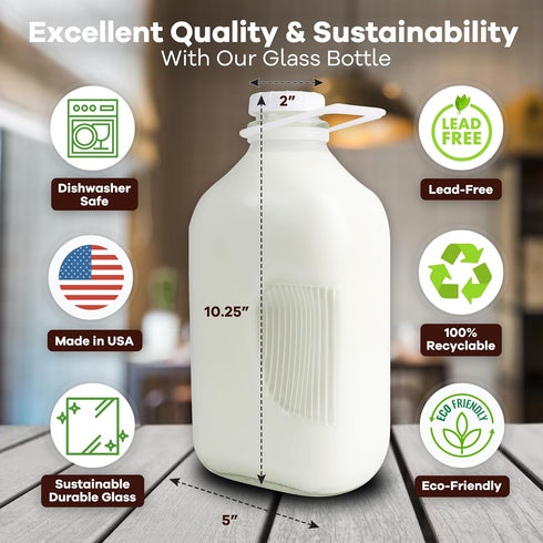 The Dairy Shoppe (64 oz, 2 Pack) Heavy Glass Milk Bottles - Jugs with Lids and Silicone Pour Spouts - Clear Milk