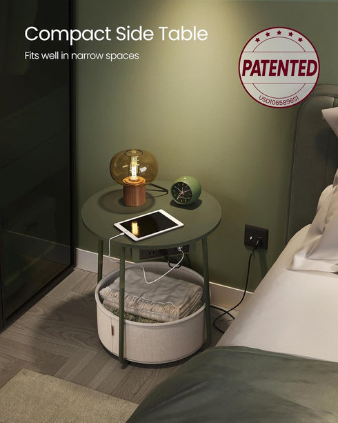 ULET228C04 VASAGLE LILEA Collection - Side Table with Charging Station, Round End Table with Fabric Basket, Nightstand