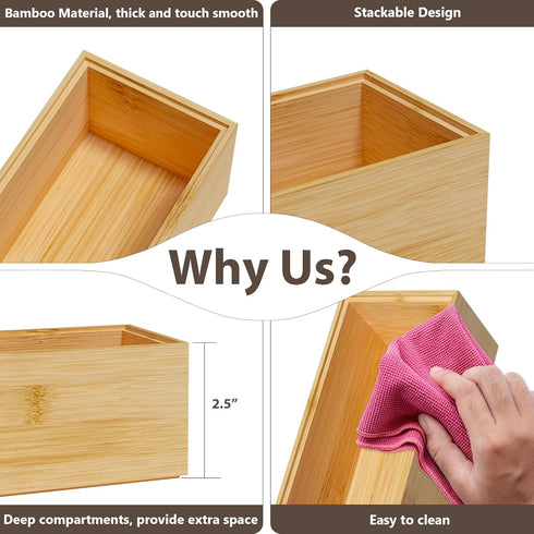 Kitchen Drawer Organizer Bins, Stackable Bamboo Drawer Organizer for Silverware, Deep Drawer Organizers for Storage