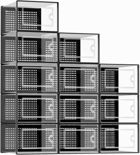 Kuject X-Large Shoe Storage Boxes Organizers Clear Plastic Stackable 12 Pack, Sneaker Containers, Toy Storage Organizer