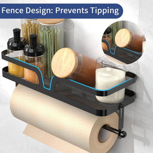 Taozun 4 Paper Towel Holder with Shelf & Side Straw Basket, Black Kitchen Paper Holder Spice Rack Black Paper Towel