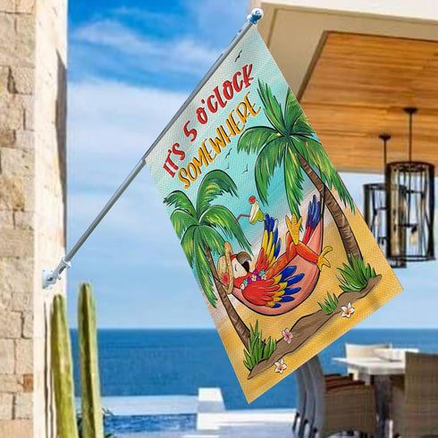 Welcome Summer Parrot Bird Decorative House Flag, It's 5 O'clock Somewhere Beach Coastal Tropical Palm Tree Garden Yard