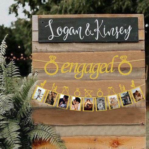 Engagement Wedding Decorations, Gold Engaged Banner and Photo Banner with Romantic Memories Picture Card Frames