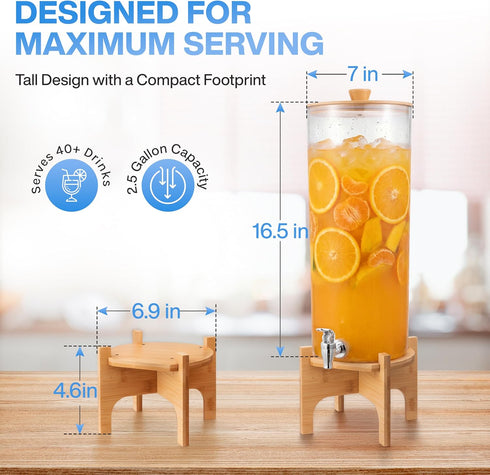 GRAXON (2.5 Counter Drink Dispenser with Bamboo Stand & Spigot Gallon) Large Plastic Beverage Dispenser for Parties
