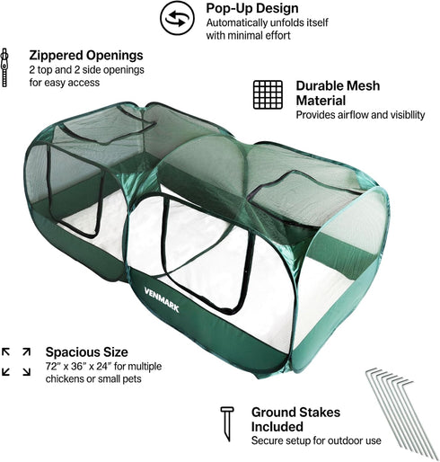 Venmark Portable Chicken Coop - Small Animal Playpen and Pop Up Chicken Coop Run - Transparent Breathable Mesh Net