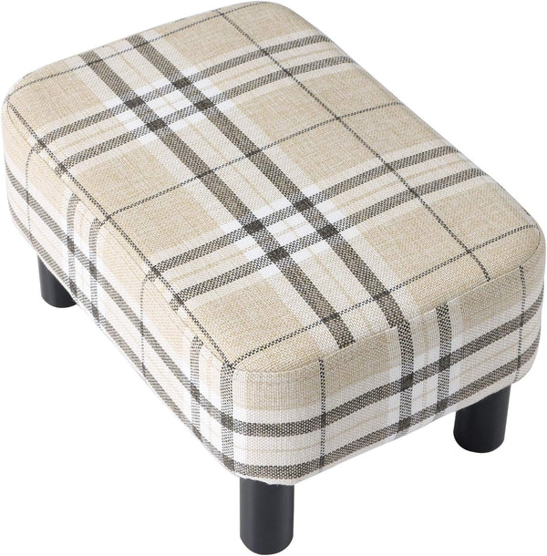 IBUYKE 16.54" Small Footstool, Linen Fabric Pouf, with Padded Seat Pine Wood