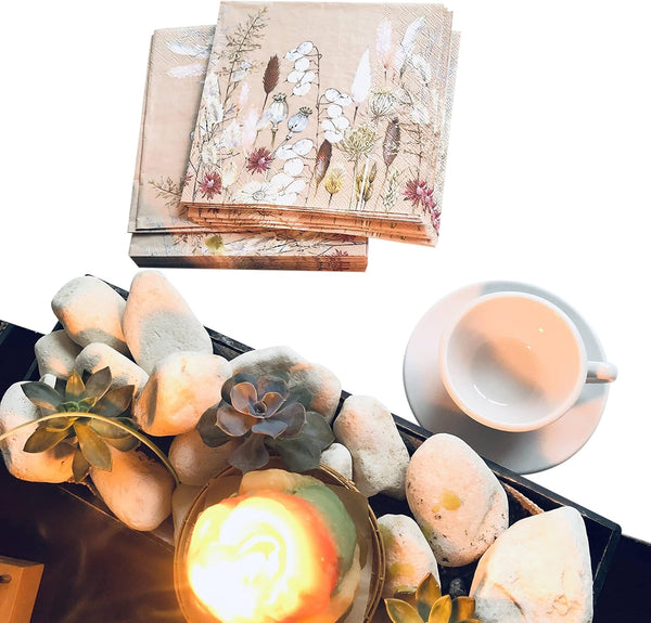 20 Counts 6.5 x 6.5 inches 3-Ply Tan Floral Decorative Napkins for Decoupage, Eco-Friendly & Biodegradable Nature