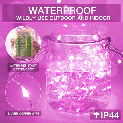 33ft 100 suddus Pink Fairy Lights Battery Operated Outdoor Waterproof, Led String Lights with Remote, Twinkle Lights