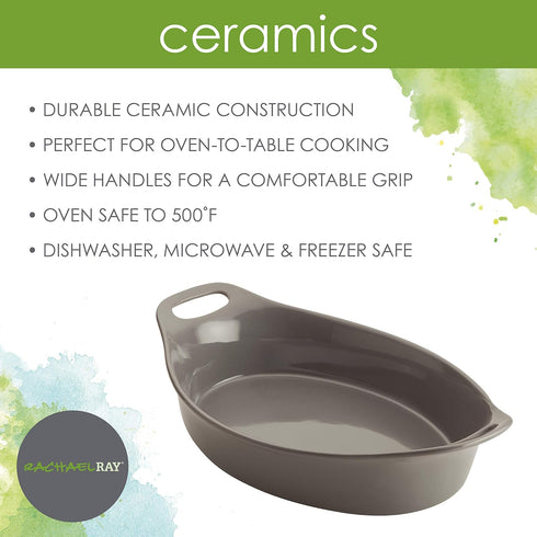 Rachael Ray Solid Glaze Ceramics Au Gratin Bakeware Set - 2 Piece, Oval Gray