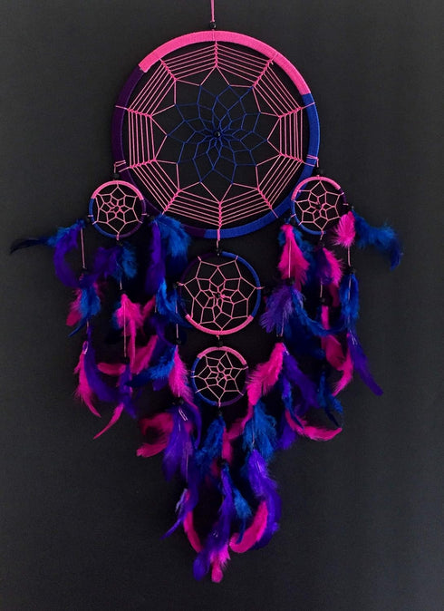 OMA Dream Catcher with Traditional Tie Dye Colors, Pink, Blue & Purple Feathers, 8.5" Diameter & 30" Long