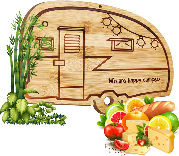 RV Cutting Board, Retro Happy Camper Bamboo Wood Chopping Board - Perfect Funny Serving Tray for Vegetables, Fruit,