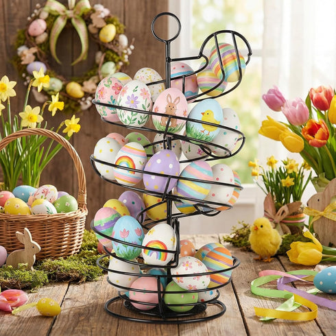 Countertop, QUTREY Black Metal Egg Holder Fresh Egg Skelter, Spiral Design Egg Dispenser Rack with Storage Basket