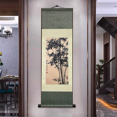 AtfArt Asian Wall Decor, Beautiful Silk Scroll Painting Bamboo Leaf Plant - Ancient Bamboo Oriental Decor (36.2 x 12 in)