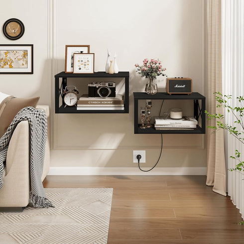 2 Homode Floating Nightstand, Tier Wall Mounted Nightstand with Cable Hole, Wooden Floating Bedside Table, Bedside Wall