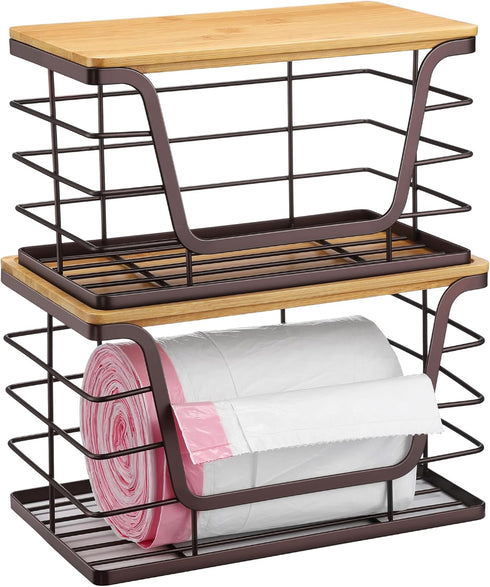 2 Pack 4-13 ALOCEO Stackable Wire Storage Basket with Bamboo Lip, Trash Bag Dispenser Under Sink for Gal Bags, Kitchen