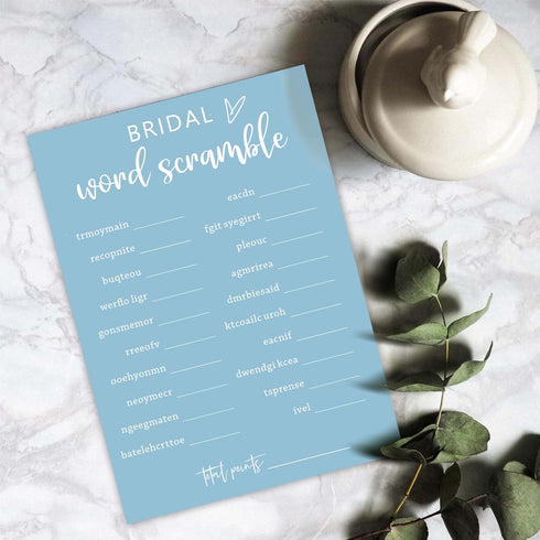 Blue Theme Bridal Shower Games for 25 Guests - Bridal Word Scramble with Answer Card for Reception Supplies