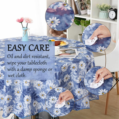 uxcell Waterproof Vinyl Round Tablecloth 60" Dia, Blue Flower Pattern for Wedding/Restaurant/Parties