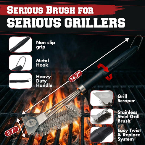 '+2 KITCHEN PERFECTION GrillSaver - Safe BBQ Grill Brush for Outdoor Grill with Replaceable Cleaning Head -Heavy-Duty