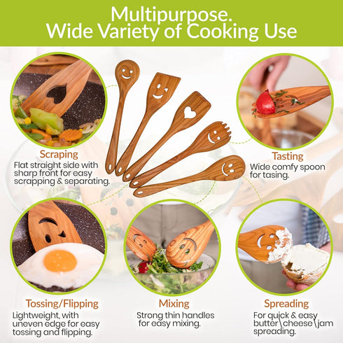 MFC 5-Piece Wooden Cooking Spoons Set, Natural Cherry Wood Kitchen Utensils with Smiley Faces for Cooking