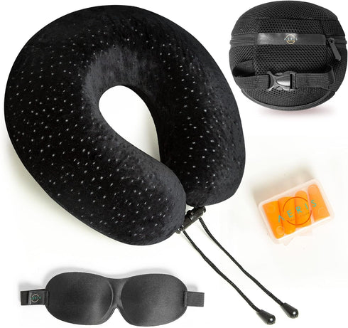 Aeris Memory Foam Travel Pillow for Airplanes - Best Neck Pillow for Long Flights with Carry Bag, Ear Plugs, Eye Mask