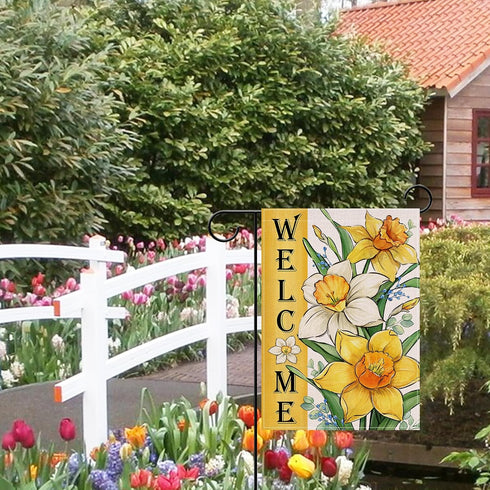 Welcome Spring Summer Floral Flower Garden Flag, Yellow Daffodil Eucalyptus Leaves Yard Decor 12 x 18