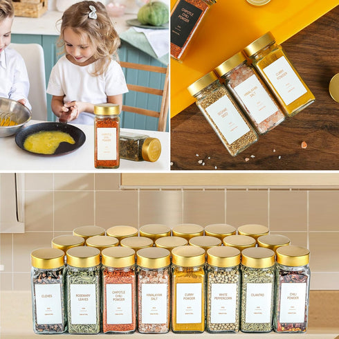 TESUNMU Label4oz CabinetDrawerRack(24) Gold Spice Jars with Seasoning Containers, Glass Spice Bottles with Shaker