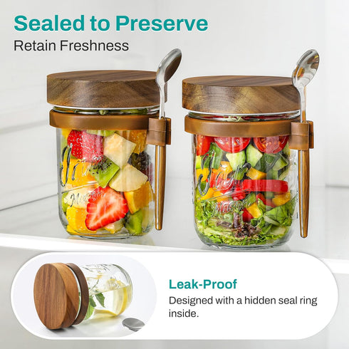 4 Pack 16oz Overnight Oats Containers with Wooden Lids and Spoons, Glass Mason Overnight Oats Jars with Lids, Large