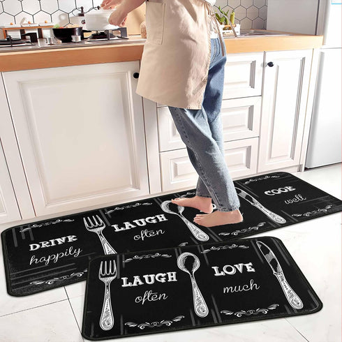 Set 2 17"x47"+17"x30" Black Kitchen Rug PCS | Non-Slip Waterproof Stain-Resistant Floor Mats | Farmhouse Style Mats