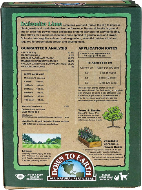 5 lb Down To Earth All Natural Fertilizers Organic Prilled Dolomite Lime - Calcium Magnesium Carbonate Raises Soil pH
