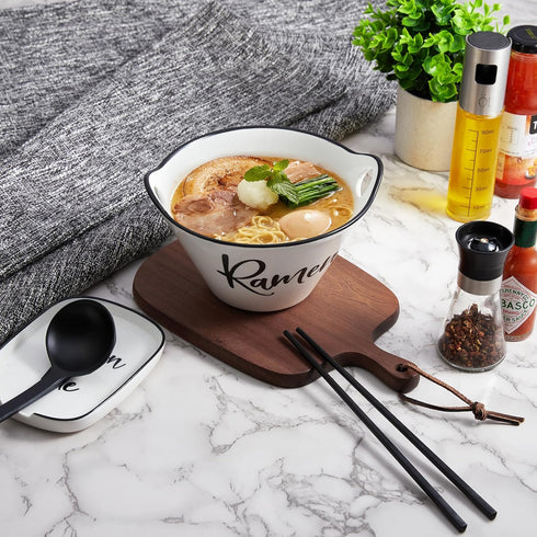 Ceramic Ramen Bowl with Chopsticks and Spoon, 26 oz Deep Japanese Noodle Bowl for Udon, Soba, Pho, Microwave Safe