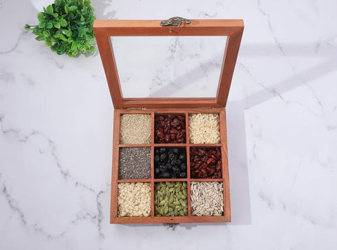 8x8 Inch 9 Ajuny Wooden Spice Box - Decorative Masala Dabba Organizer with Glass Lid, Fixed Compartments & Spoon, Spice
