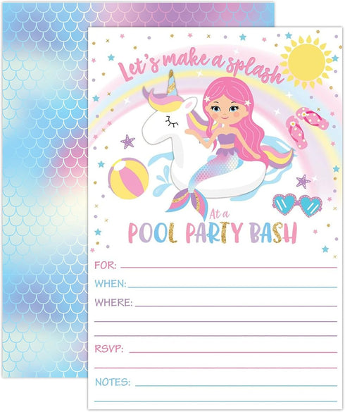 Your Main Event Prints Mermaid Unicorn Pool Party Birthday Invitations - 20 Fill-In Invites for Summer Pool Party Bash