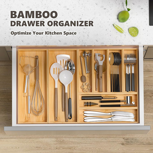 Kitchen Drawer Organizer Bins, Stackable Bamboo Drawer Organizer for Silverware, Deep Drawer Organizers for Storage