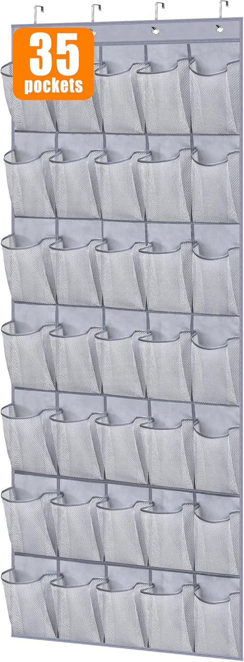 MISSLO Sturdy Oxford Shoe Organizer, 35 Large Pockets Hanging Rack for Closet Door Storage, Grey