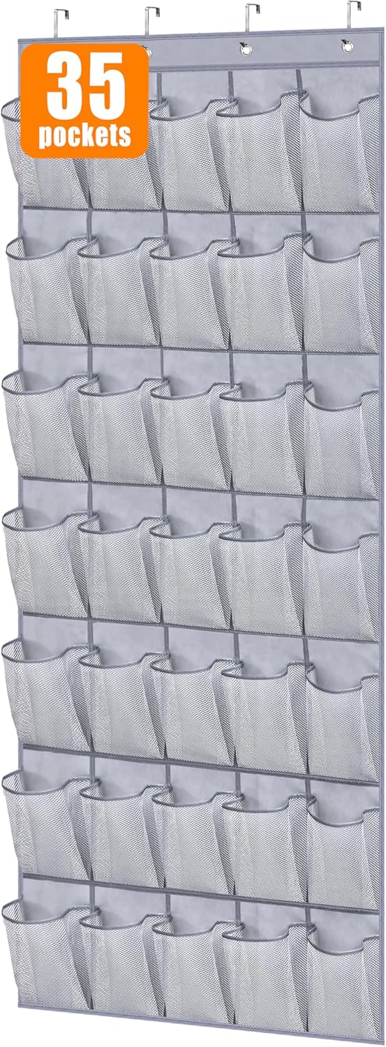 MISSLO Sturdy Oxford Shoe Organizer, 35 Large Pockets Hanging Rack for Closet Door Storage, Grey