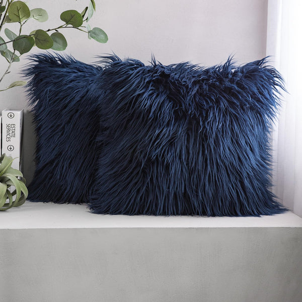 Phantoscope Pack of 2 Faux Fur Solid Throw Pillow Covers, Navy Blue, 18 x 18 Inches